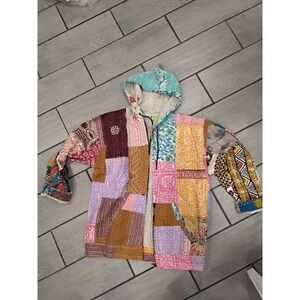 Bohemian Patchwork Quilted Hoodie Jacket Multicolor Boho Festival XL